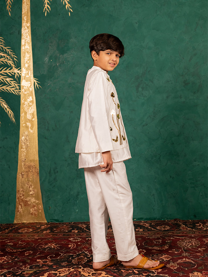 Boys White Silk Kurta and Pants with Handwork Acrylic Bundi Jacket ( Set of 3)