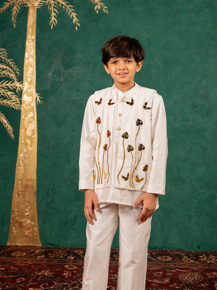 Boys White Silk Kurta and Pants with Handwork Acrylic Bundi Jacket ( Set of 3)