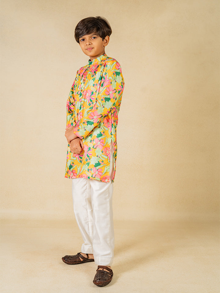 Boys Yellow Floral Digital Printed Kurta With White Pant (Set of 2)