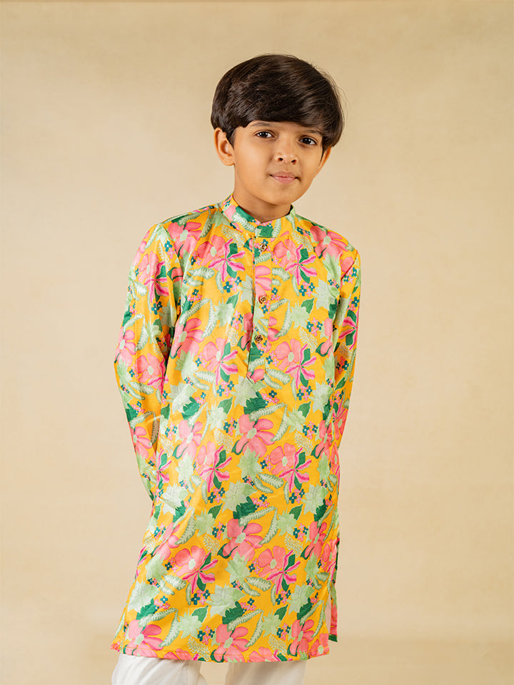 Boys Yellow Floral Digital Printed Kurta With White Pant (Set of 2)