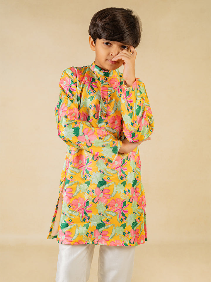 Boys Yellow Floral Digital Printed Kurta With White Pant (Set of 2)