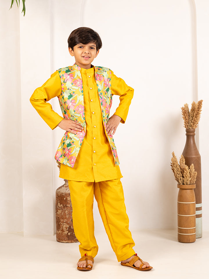 Boys Yellow Kurta and Pant with Roman Digital Print Jacket (Set of 3)