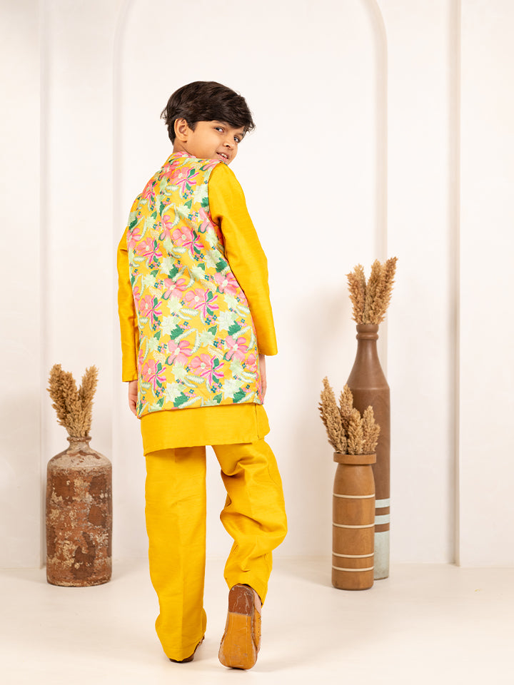 Boys Yellow Kurta and Pant with Roman Digital Print Jacket (Set of 3)