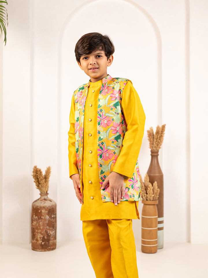Boys Yellow Kurta and Pant with Roman Digital Print Jacket (Set of 3)