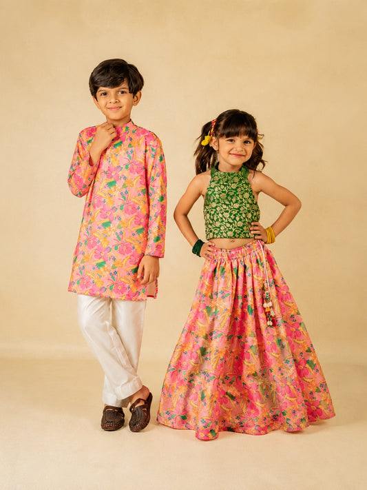 Boys Floral Kurta & Girls Floral Lehenga Matching Set