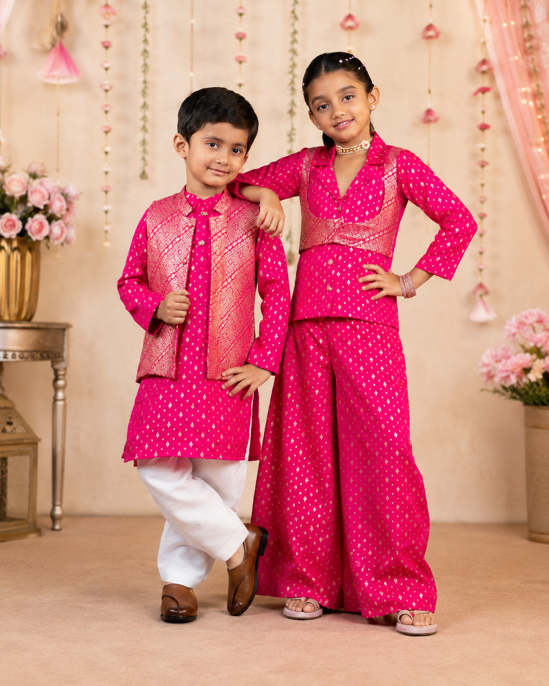 Boys & Girls Pink Matching Kurta & Palazzo Sibling Ethnic Wear Set