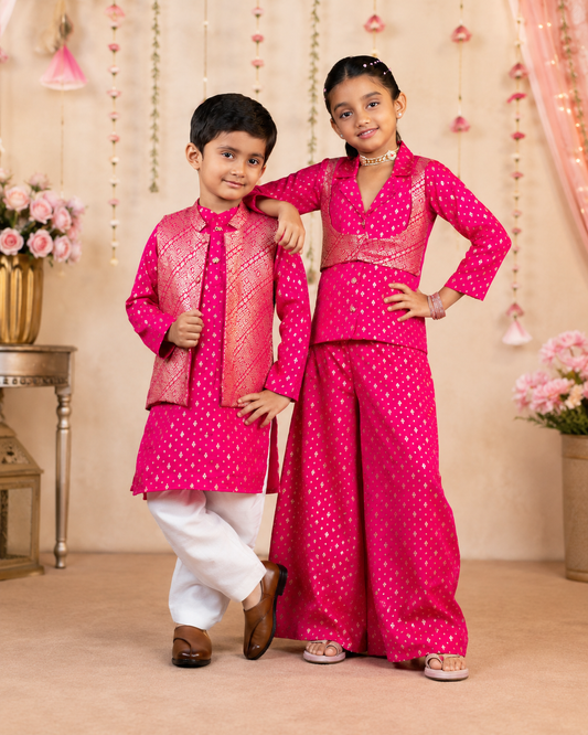 Boys & Girls Pink Matching Kurta & Palazzo Sibling Ethnic Wear Set