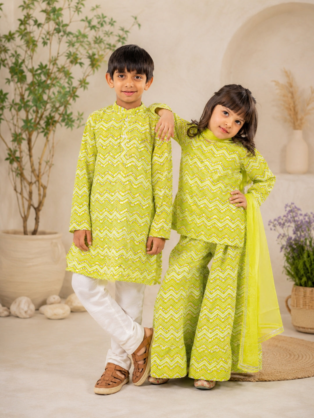 Boys Lime Green Kurta & Girls Sharara Suit Matching Set