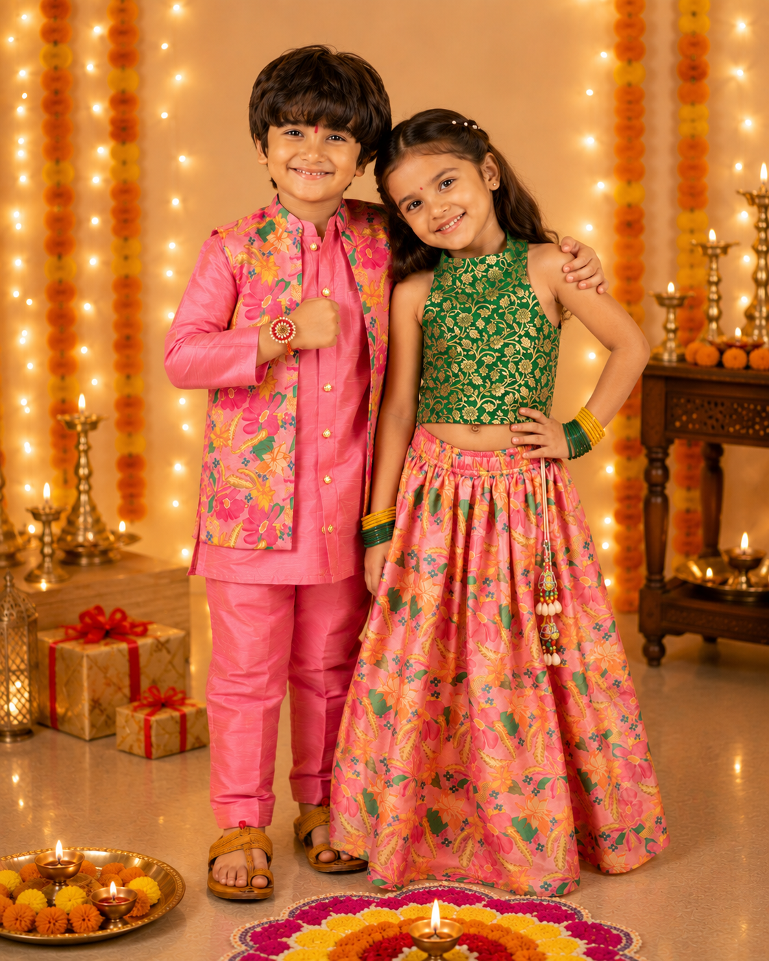 Boys Pink Kurta & Girls Floral Lehenga Matching Set