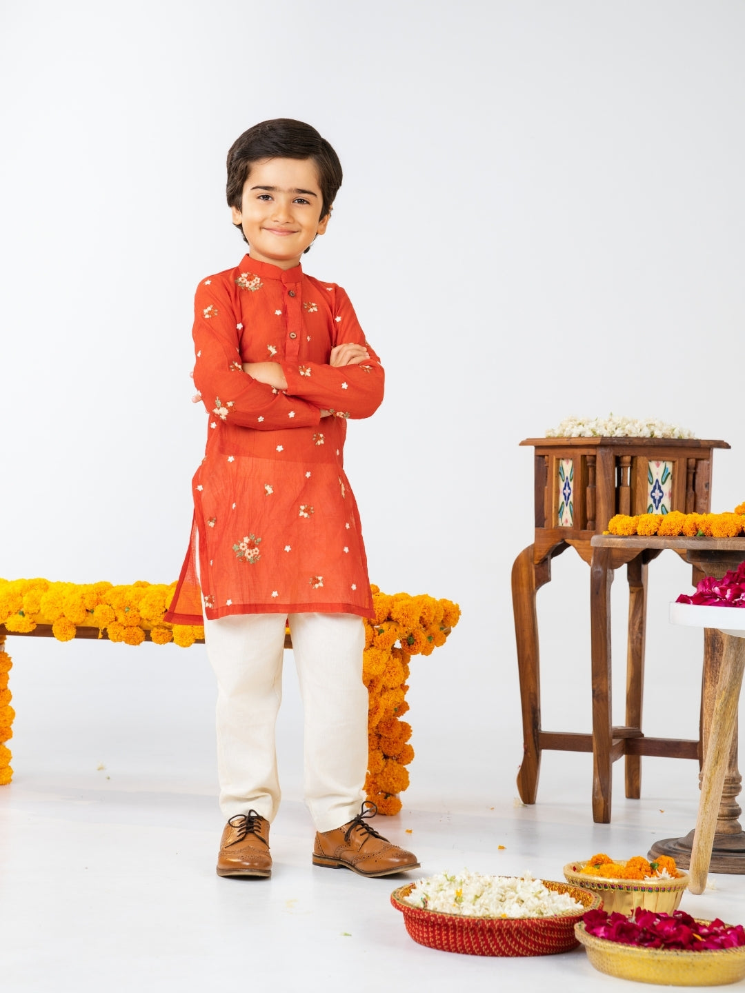 Boys Rust Orange Embroidered Kurta Pant Set (Set of 2)