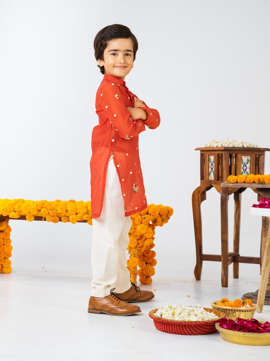 Boys Rust Orange Embroidered Kurta Pant Set (Set of 2)