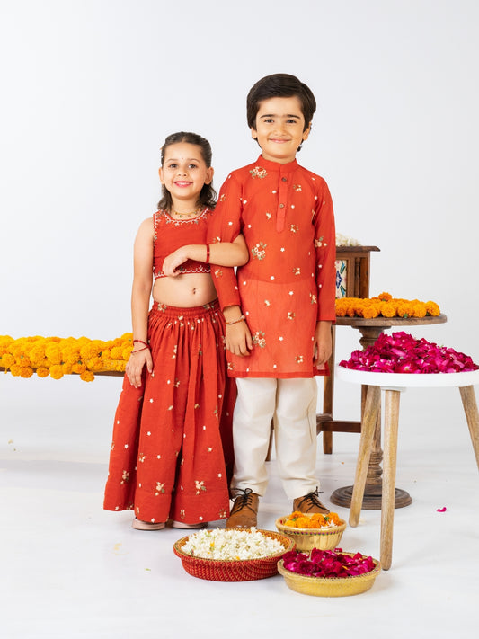 Boys Rust Orange Kurta Pant & Girls Lehenga Matching Sibling Outfit