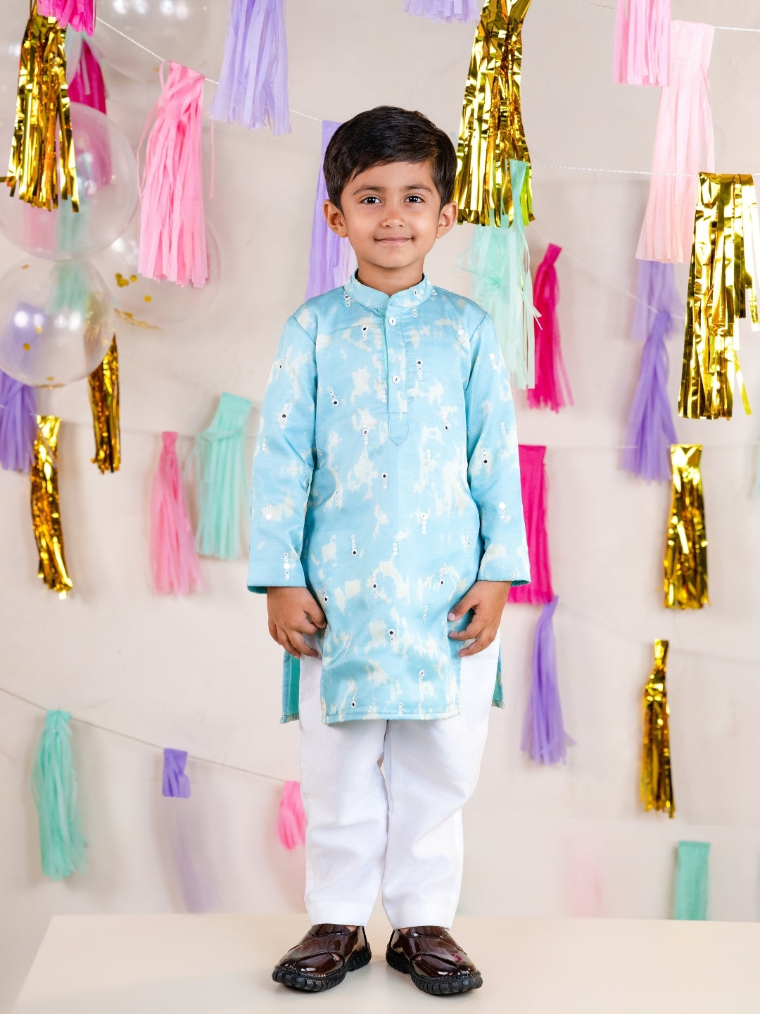 Boys Sky Blue Kurta with Girls Sharara Suit Set