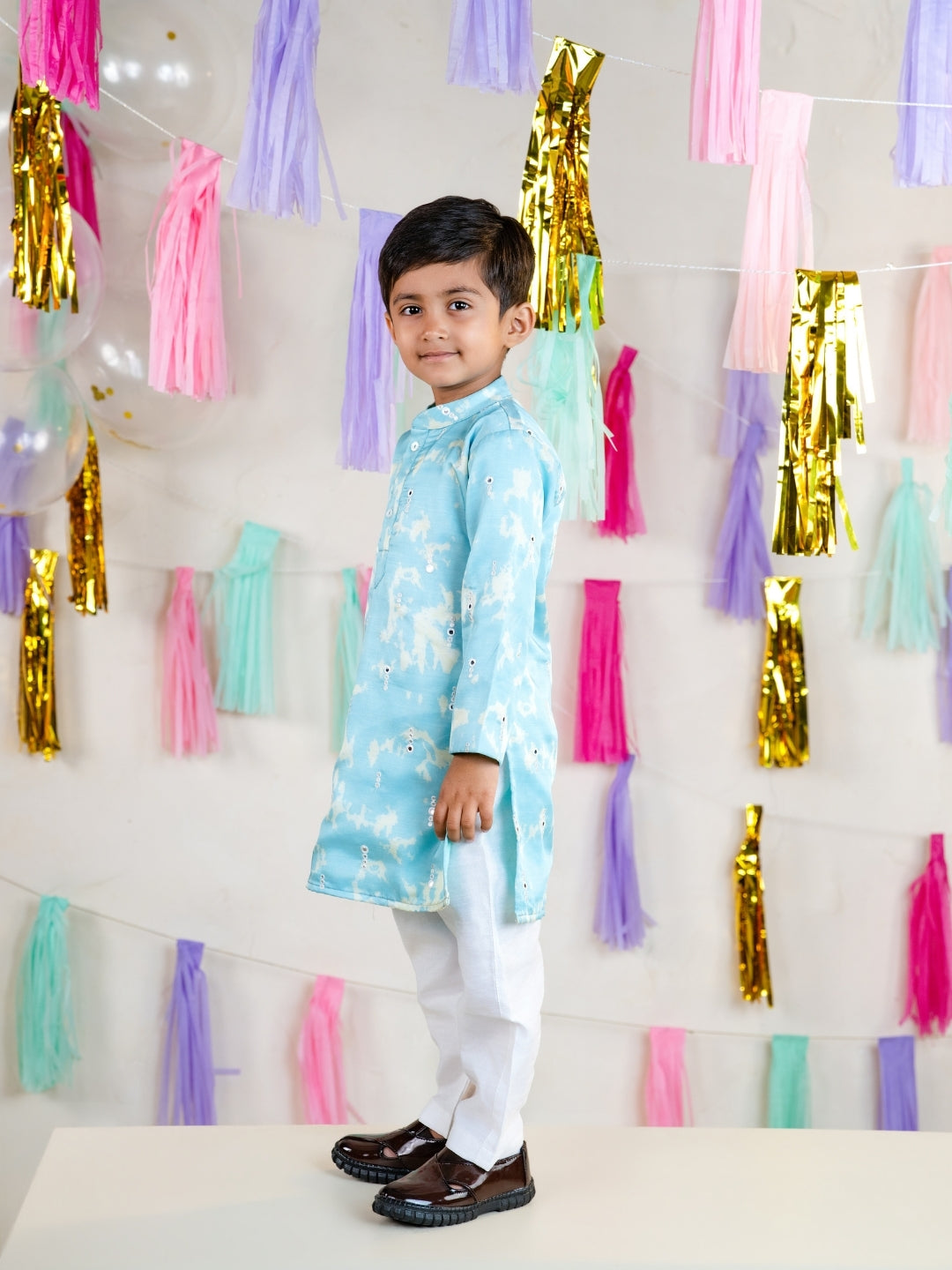 Boys Sky Blue Kurta with Girls Sharara Suit Set