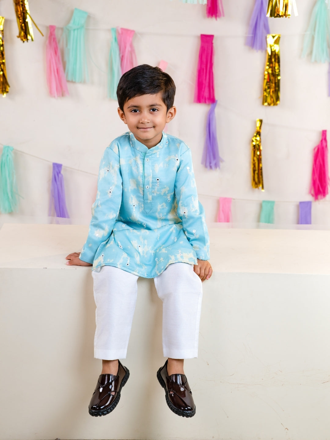 Boys Sky Blue Kurta with Girls Sharara Suit Set