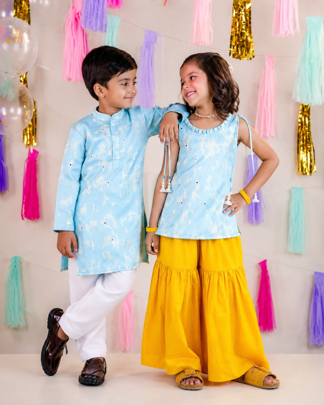 Boys Sky Blue Kurta with Girls Sharara Suit Set