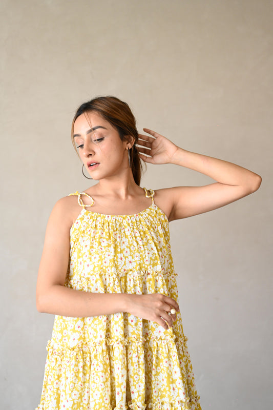 Yellow Floral Rayon Dress