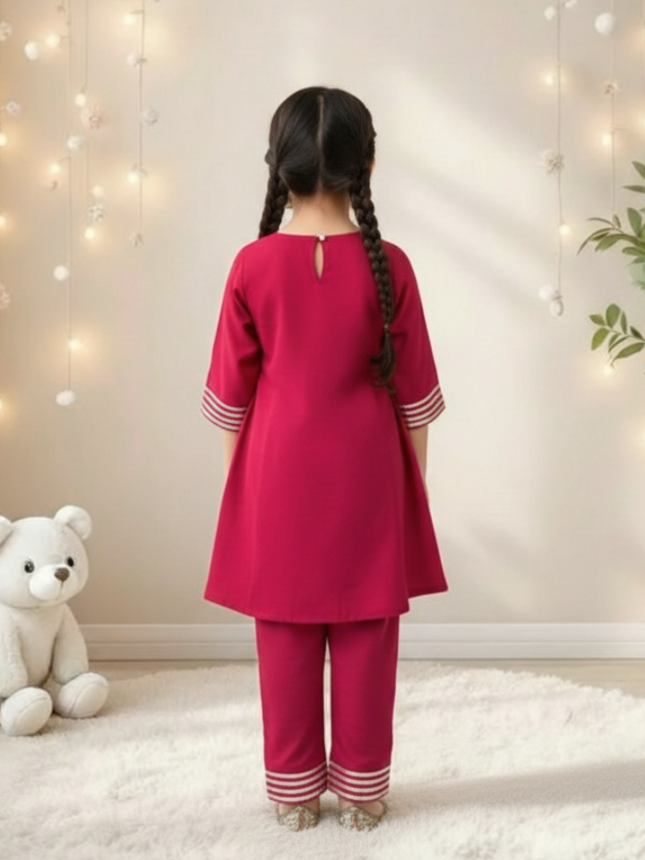 Girls Dark Pink Embroidered Anarkali Kurti and Pant (Set of 2)