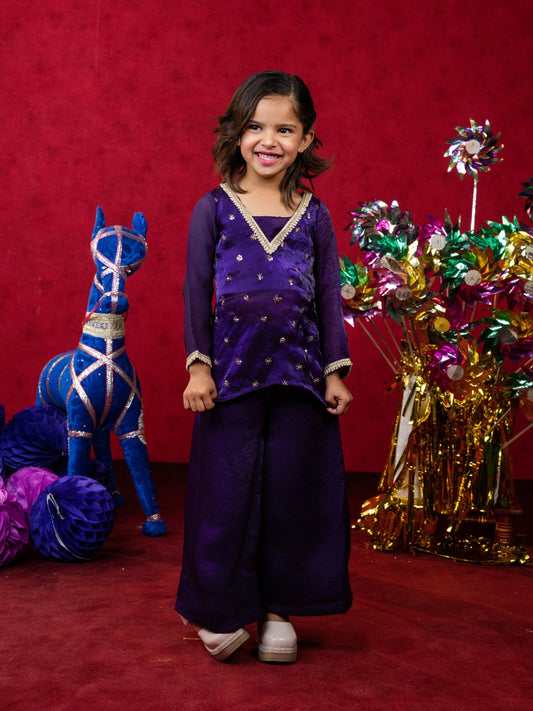 Dark Purple Embroidered Silk Top and Blouse with Palazzo (Set of 3)