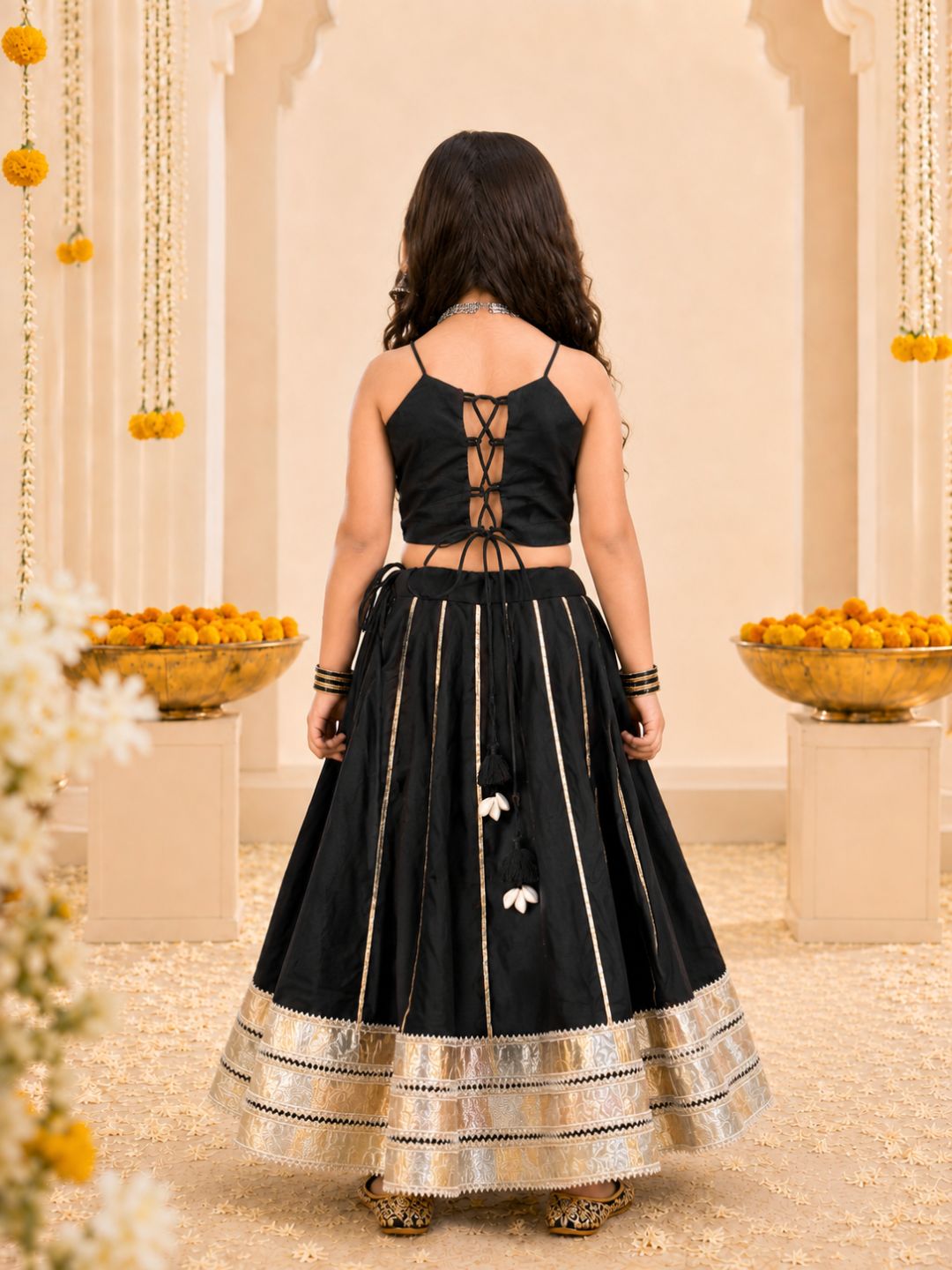 Girls Black Mirror Work Strappy Top & Lehenga Set (Set of 2)