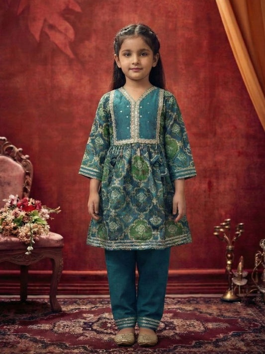 Girls Blue Anarkali Kurti with Pant (Set of 2)