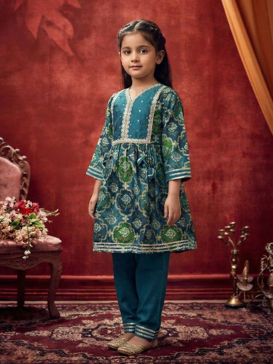 Girls Blue Anarkali Kurti with Pant (Set of 2)