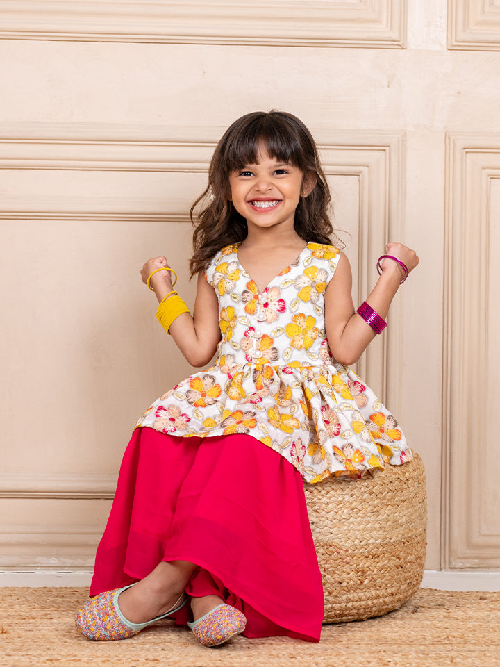 Girls Chinion Embroidered White Pemplum Top and Pink Sharara (Set of 2)