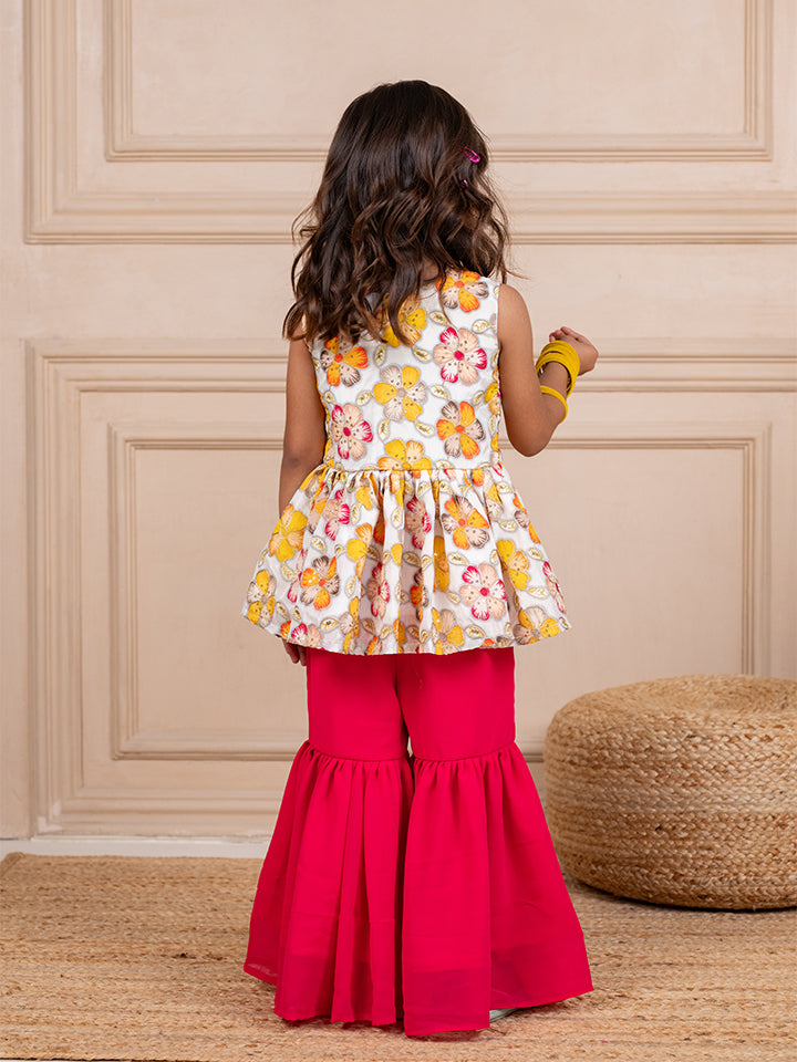 Girls Chinion Embroidered White Pemplum Top and Pink Sharara (Set of 2)