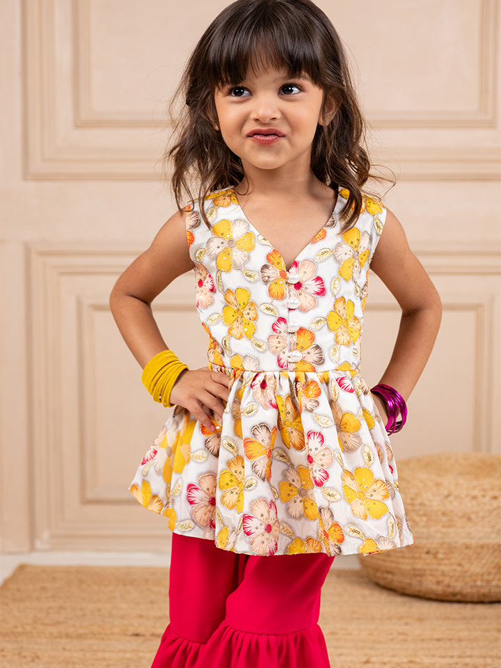 Girls Chinion Embroidered White Pemplum Top and Pink Sharara (Set of 2)