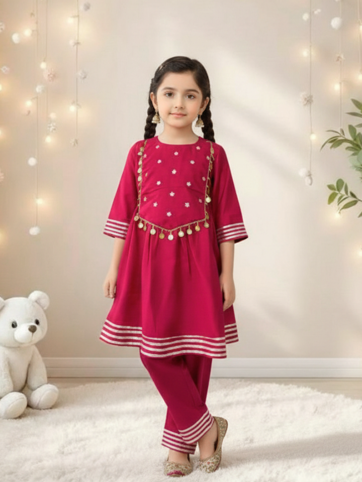 Girls Dark Pink Embroidered Anarkali Kurti and Pant (Set of 2)