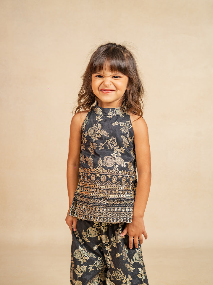 Girls Dola Silk embroidered Black Sleeveless Top with Palazzo (Set of 2)