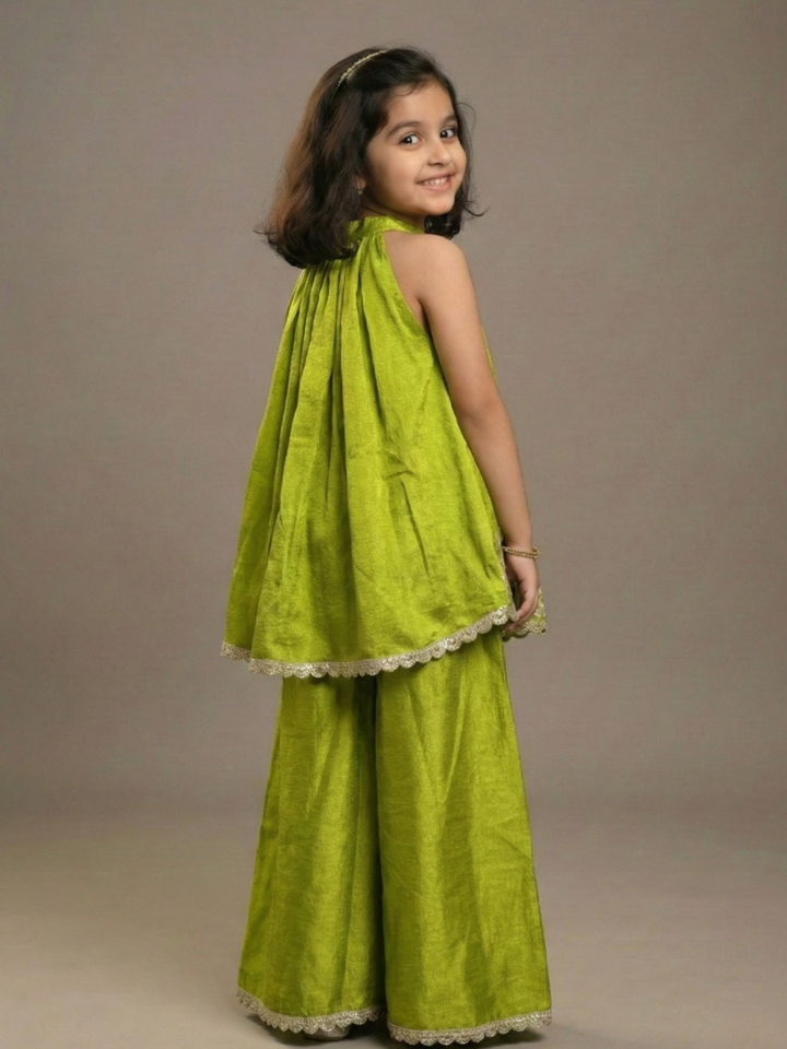 Girls Embroidered Parrot Green Flared Top and Palazzo (Set of 2)