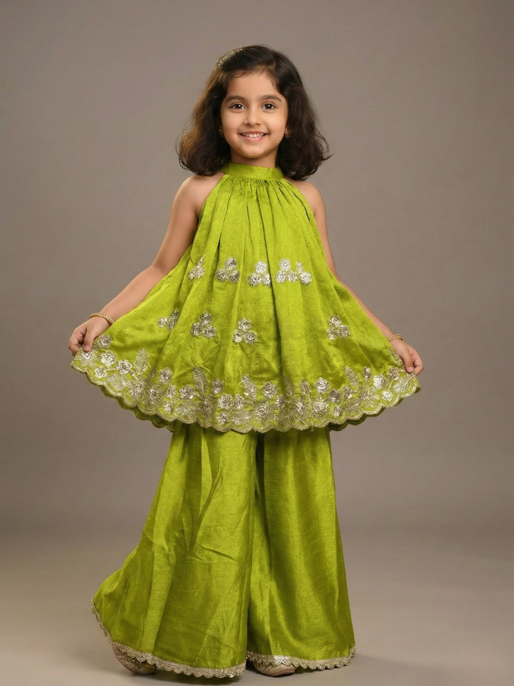 Girls Embroidered Parrot Green Flared Top and Palazzo (Set of 2)