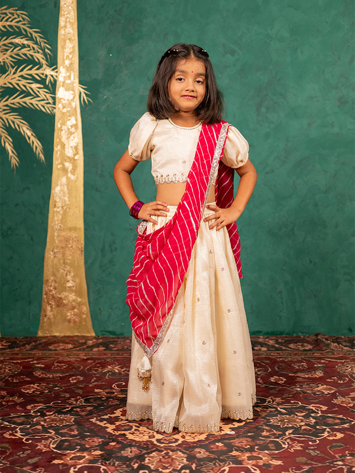 Girls Fendy Crush White Top and  Lehenga with Georgette Dupatta (Set of 3)