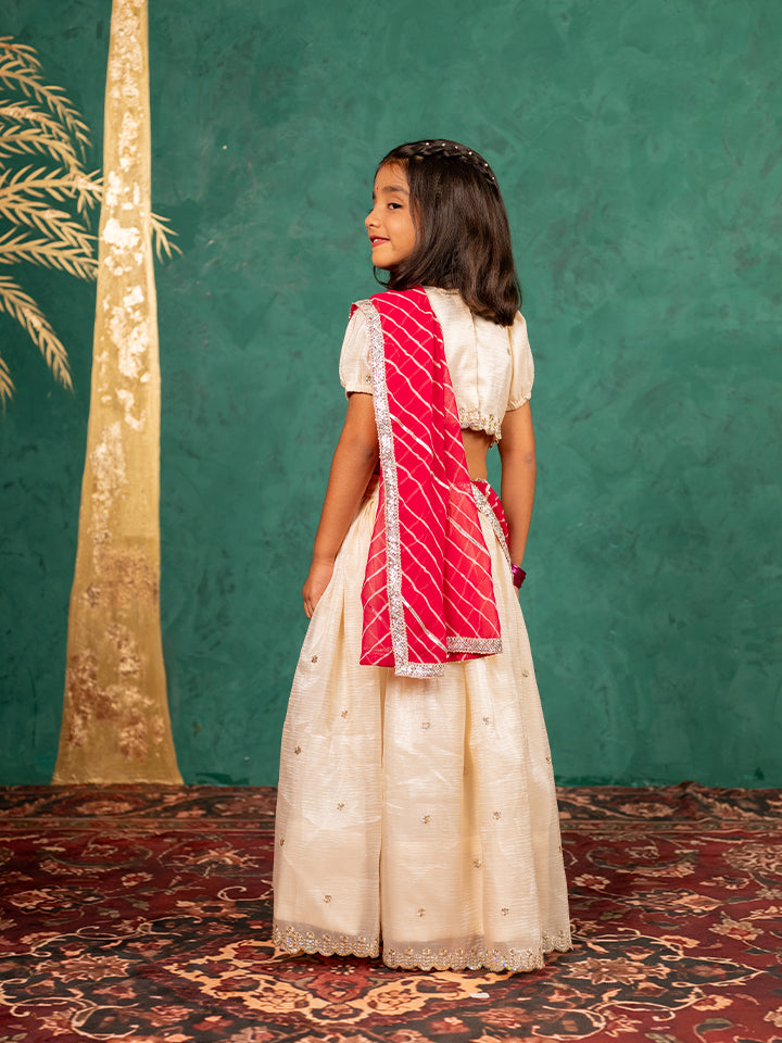 Girls Fendy Crush White Top and  Lehenga with Georgette Dupatta (Set of 3)