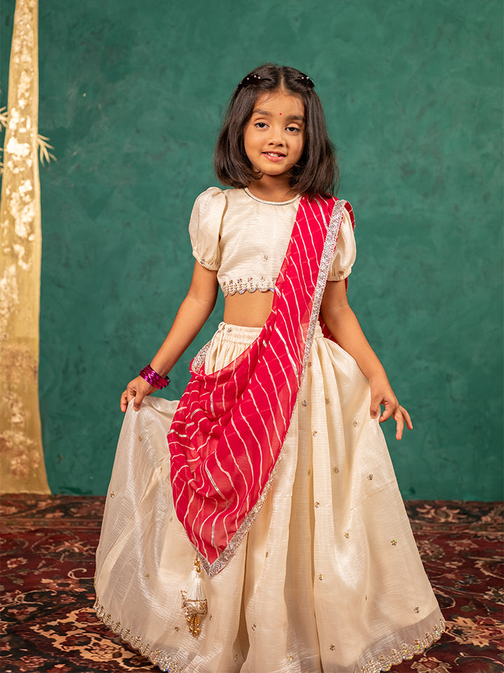 Girls Fendy Crush White Top and  Lehenga with Georgette Dupatta (Set of 3)