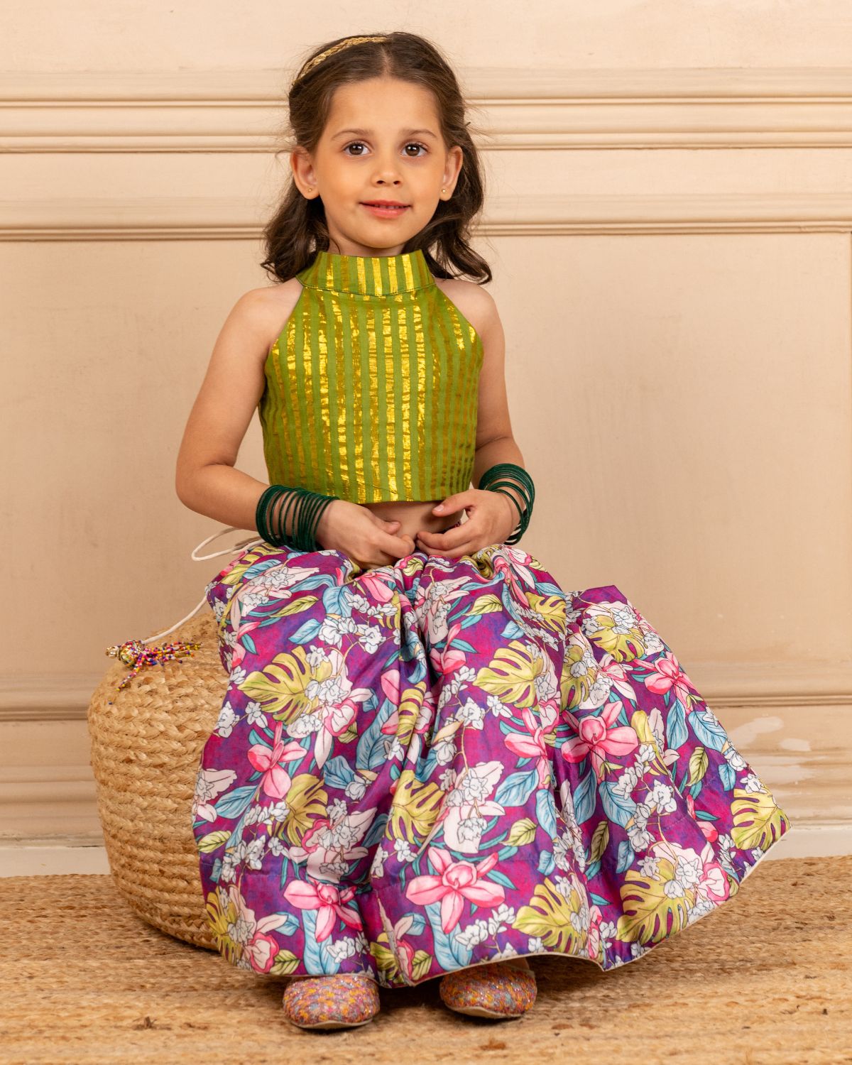 Premium Green Matching Kurta & Printed Lehenga Set for Kids