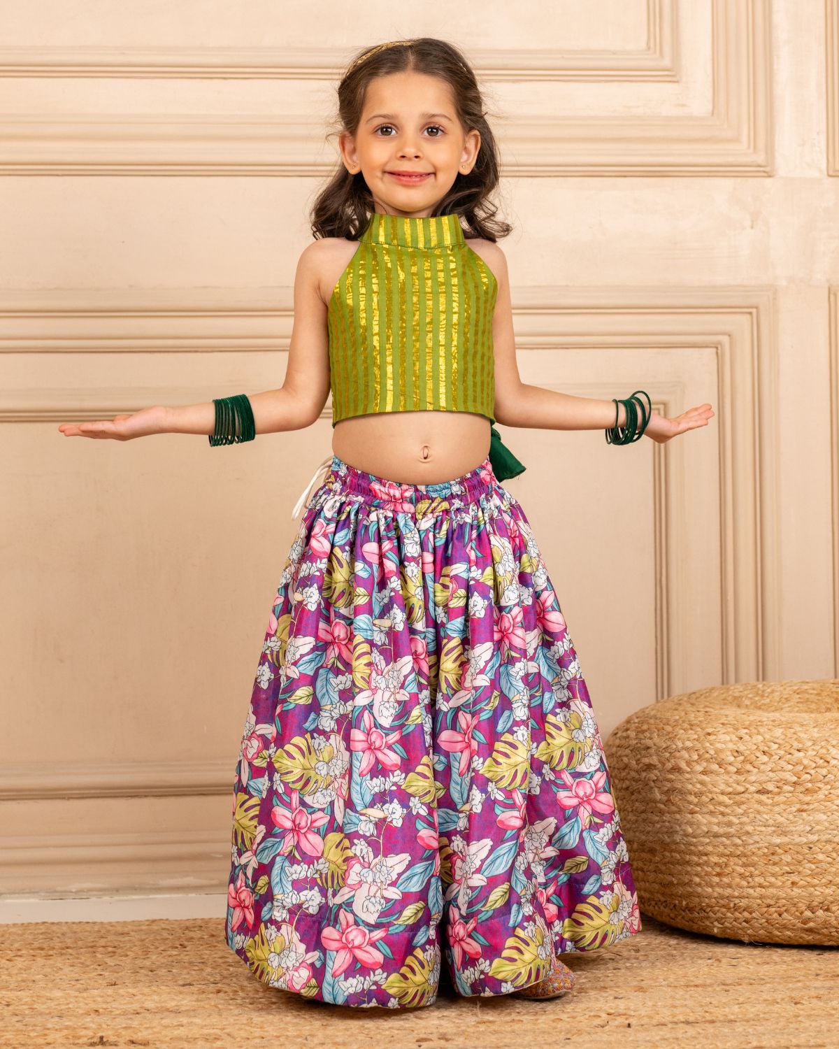 Premium Green Matching Kurta & Printed Lehenga Set for Kids