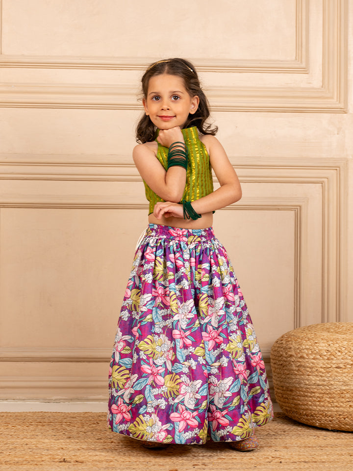 Girls Green Lurex Sleeveless Top and Roman Printed Lehenga (Set of 2)