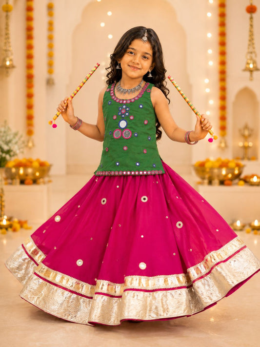 Girls Green Mirror Work Top with Pink Flared Lehenga Set (Set of 2)