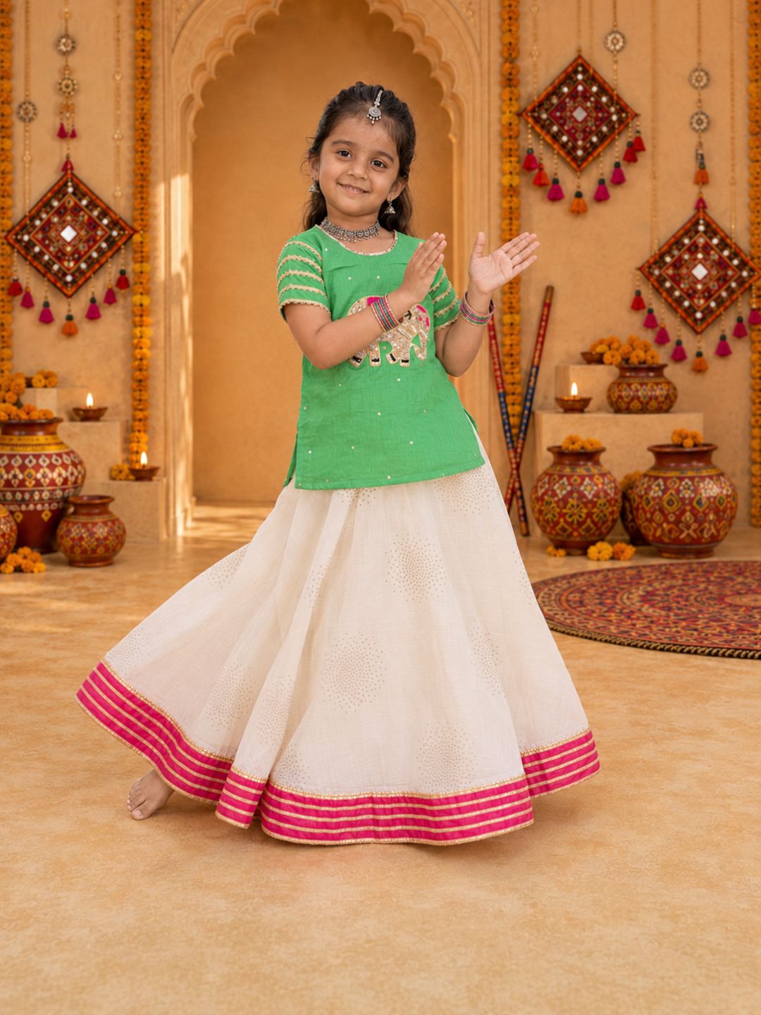Girls Green Short-Sleeve Ethnic Top with White Flared Lehenga Set (Set of 2)
