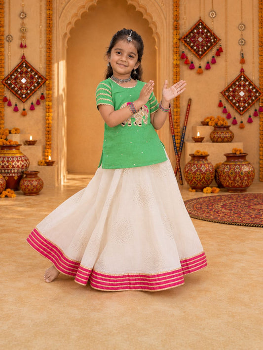 Girls Green Short-Sleeve Ethnic Top with White Flared Lehenga Set (Set of 2)