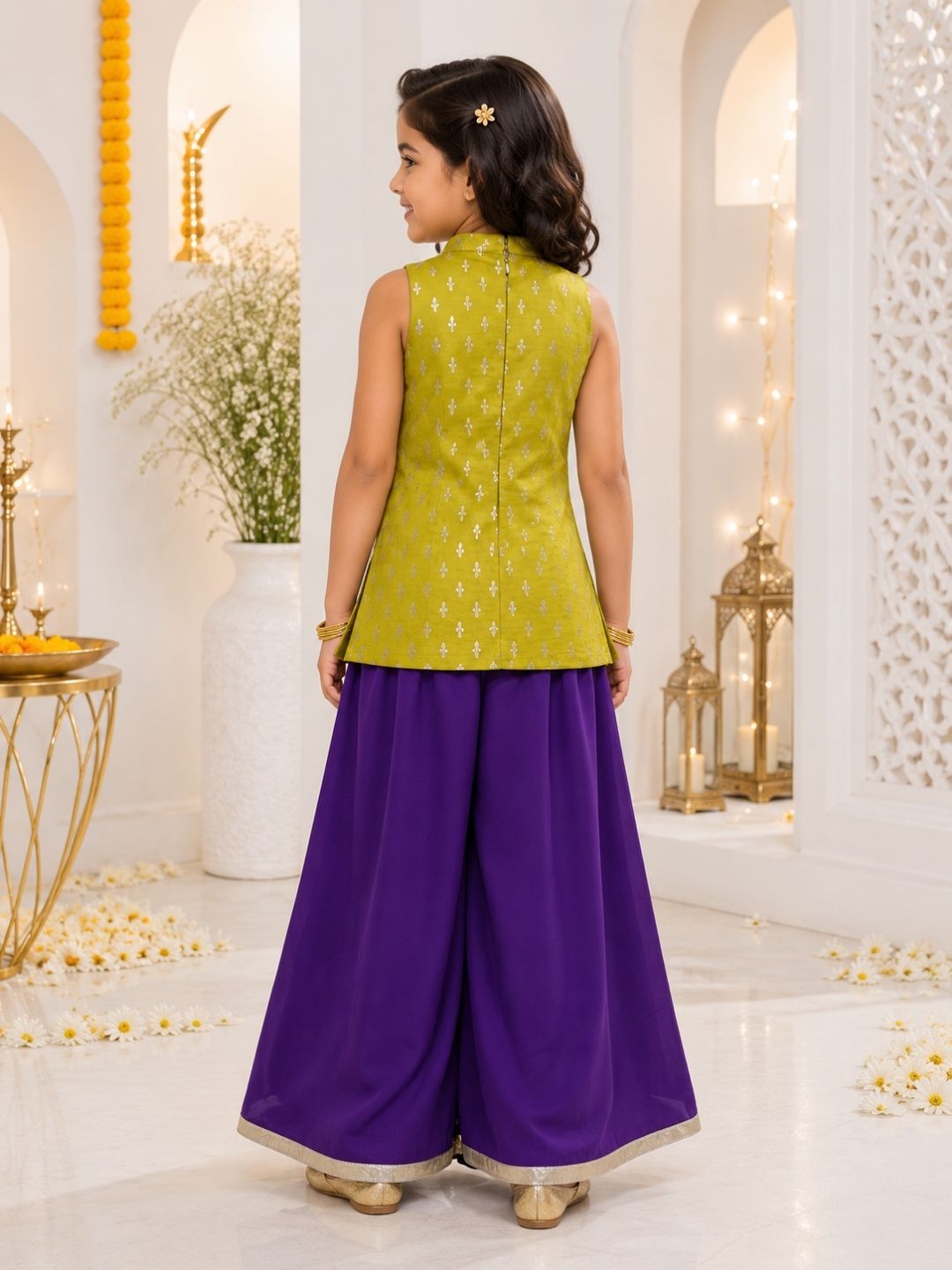 Girls Green Sleeveless Ethnic Top & Palazzo Set (Set of 2)
