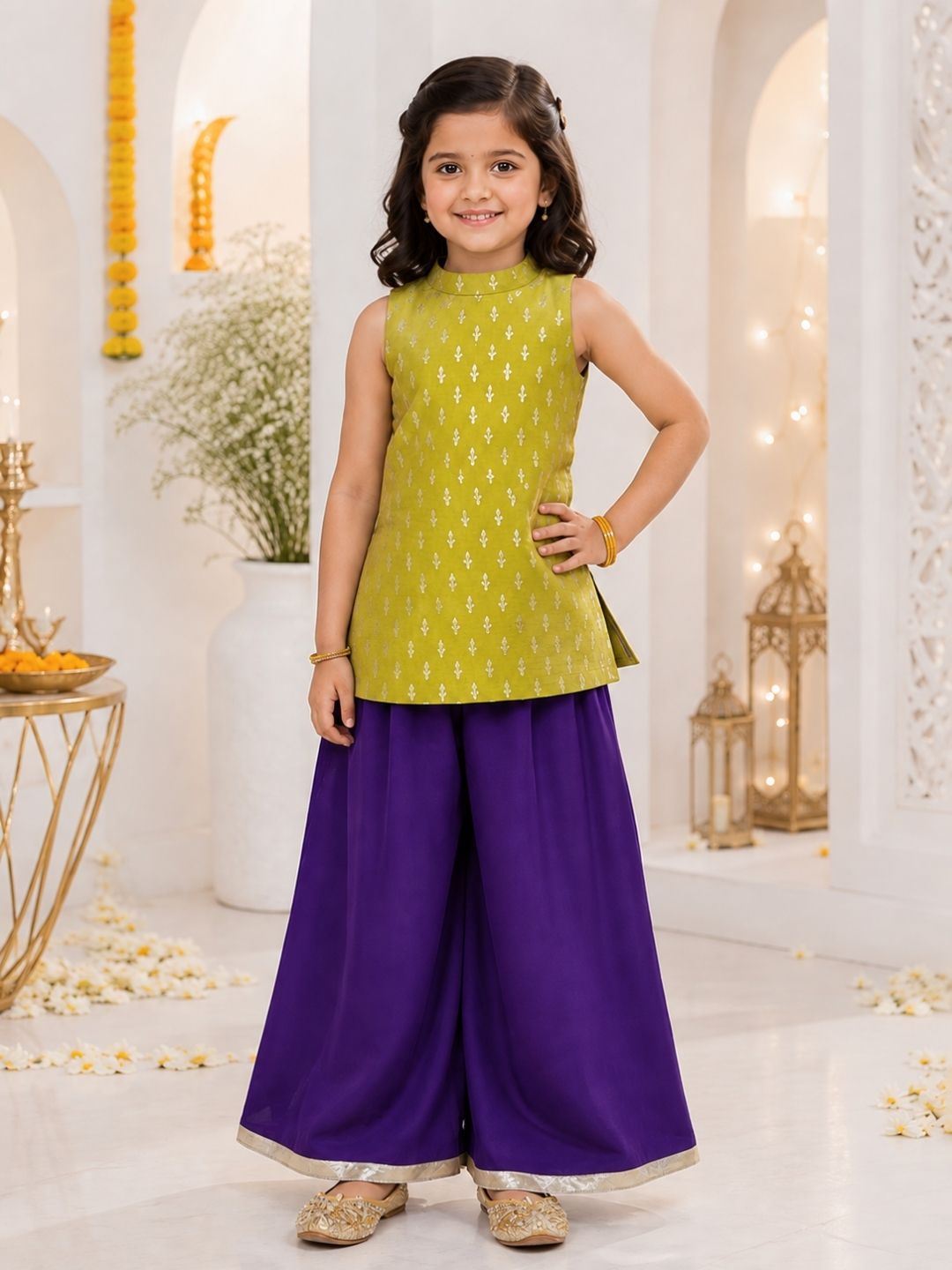 Girls Green Sleeveless Ethnic Top & Palazzo Set (Set of 2)