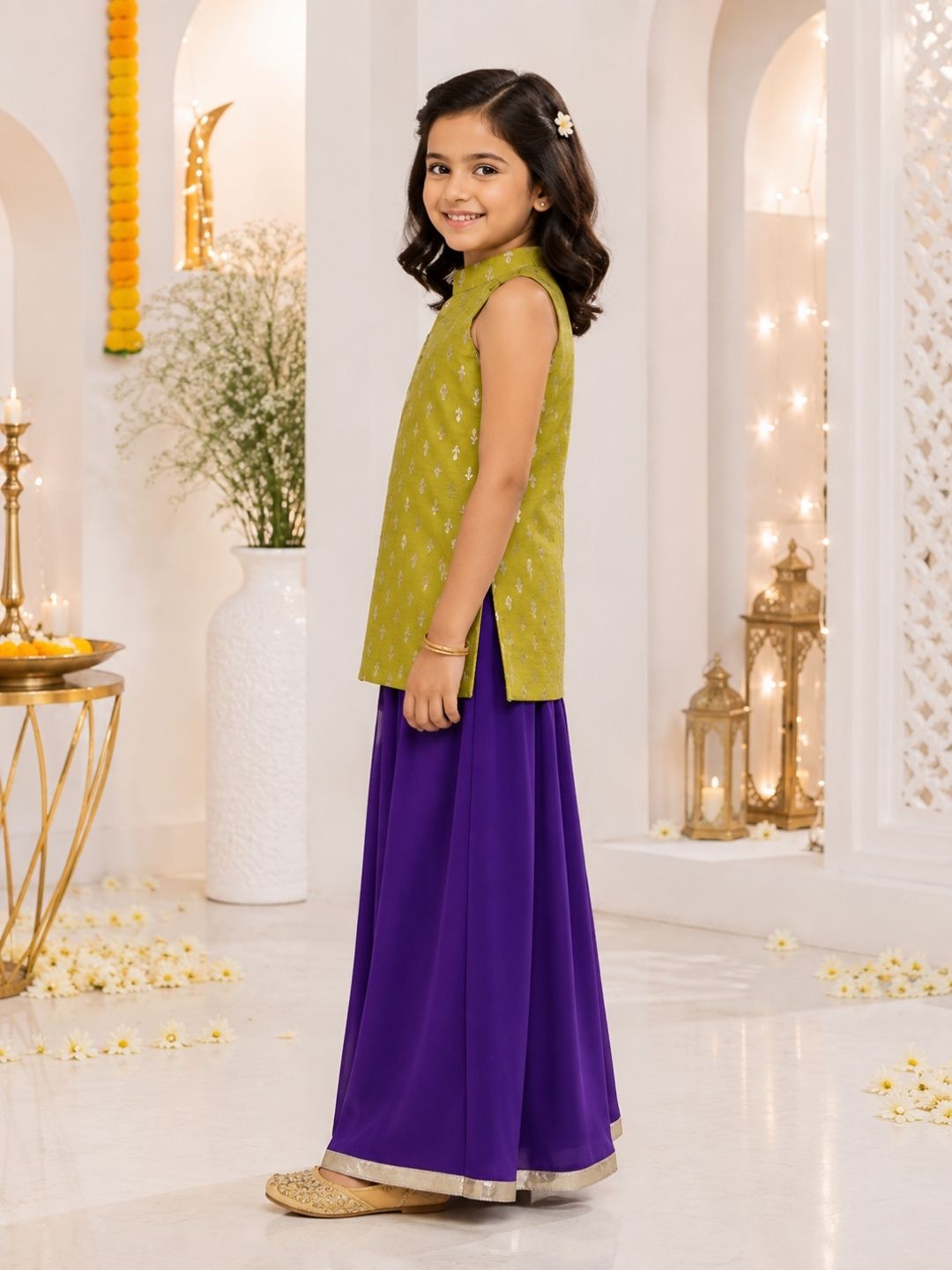 Girls Green Sleeveless Ethnic Top & Palazzo Set (Set of 2)