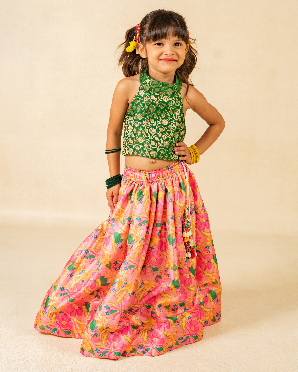 Boys Pink Kurta & Girls Floral Lehenga Matching Set