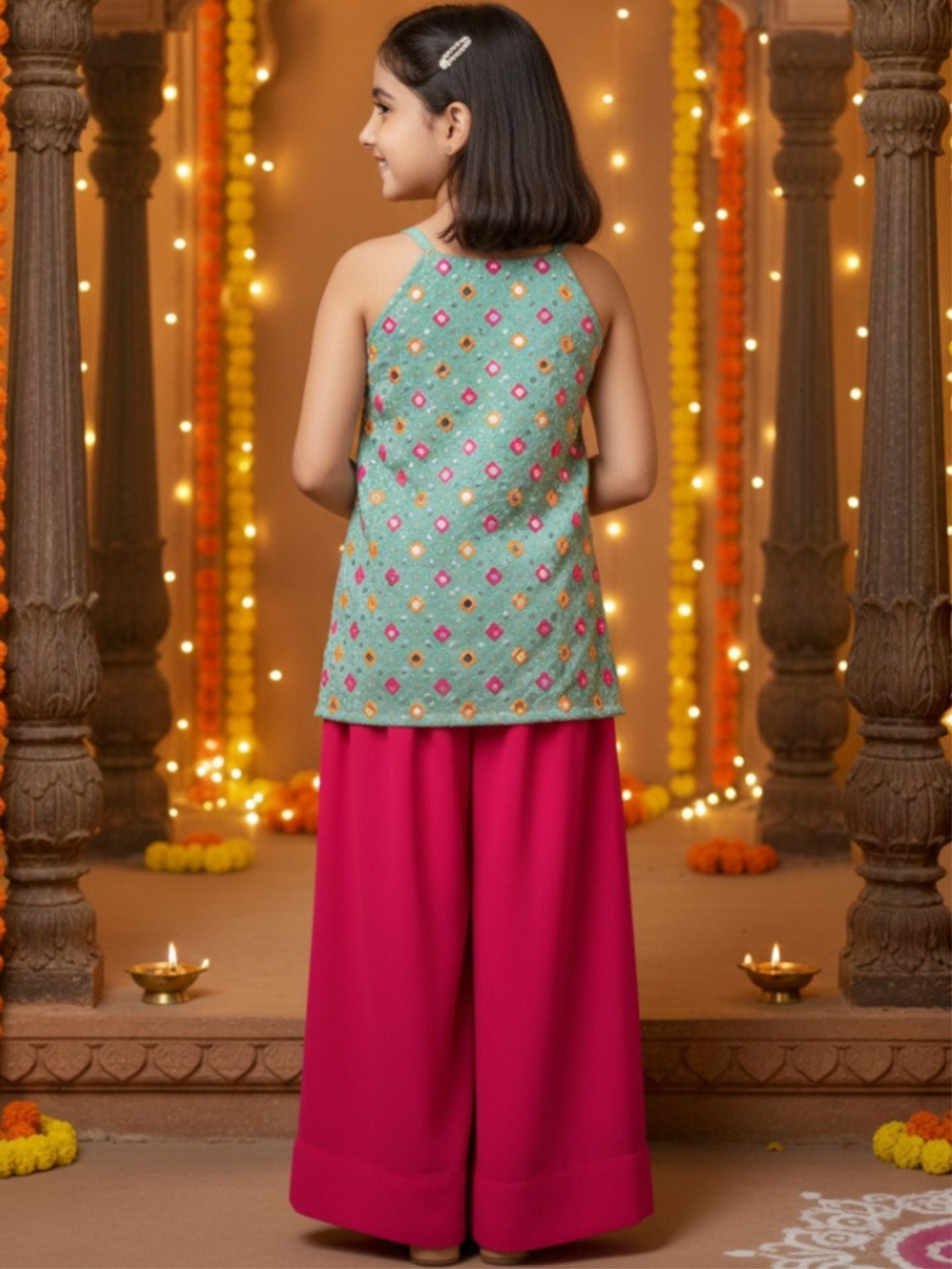 Girls Green Top and Pink Palazzo (Set of 2)