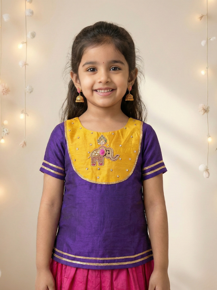 Girls Handworked Elephant Purple Top and Pink Lehenga (Set of 2)