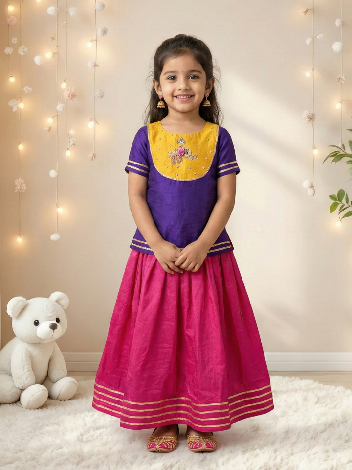 Girls Handworked Elephant Purple Top and Pink Lehenga (Set of 2)
