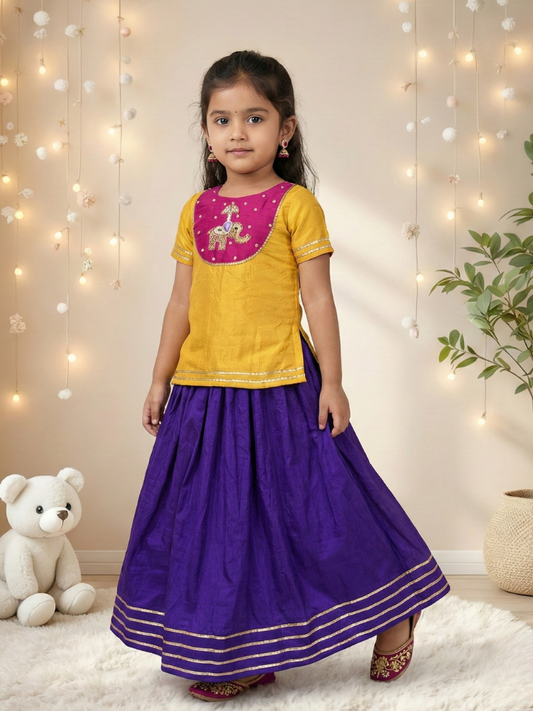 Girls Handworked Elephant Yellow Top and Purple Lehenga (Set of 2)